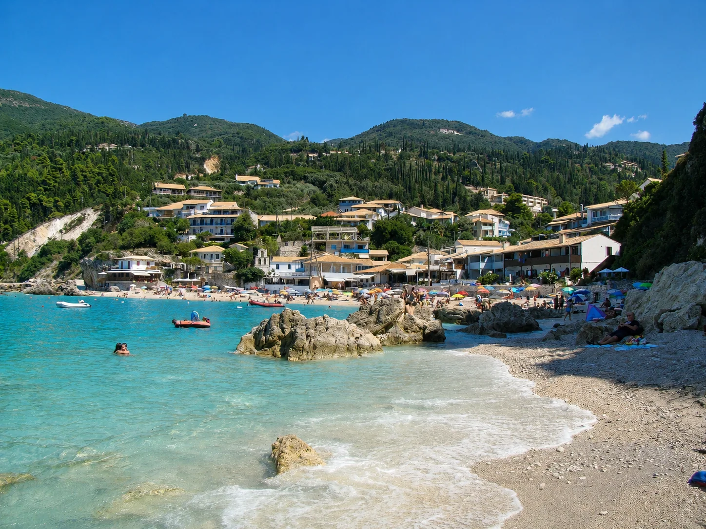 Agios Nikitas Beach with turquoise water and the village in Lefkada