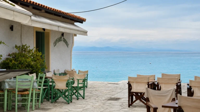 Seafront café overlooking the Ionian Sea in Agios Nikitas, Lefkada