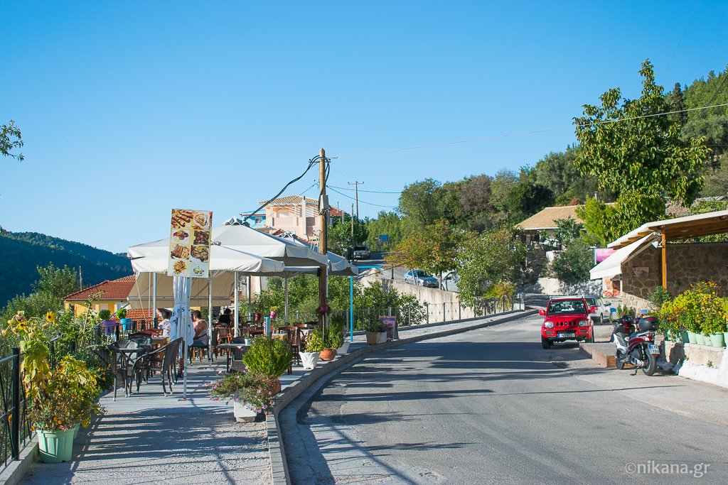 Athani village street with cafes on Lefkada's southwest coast