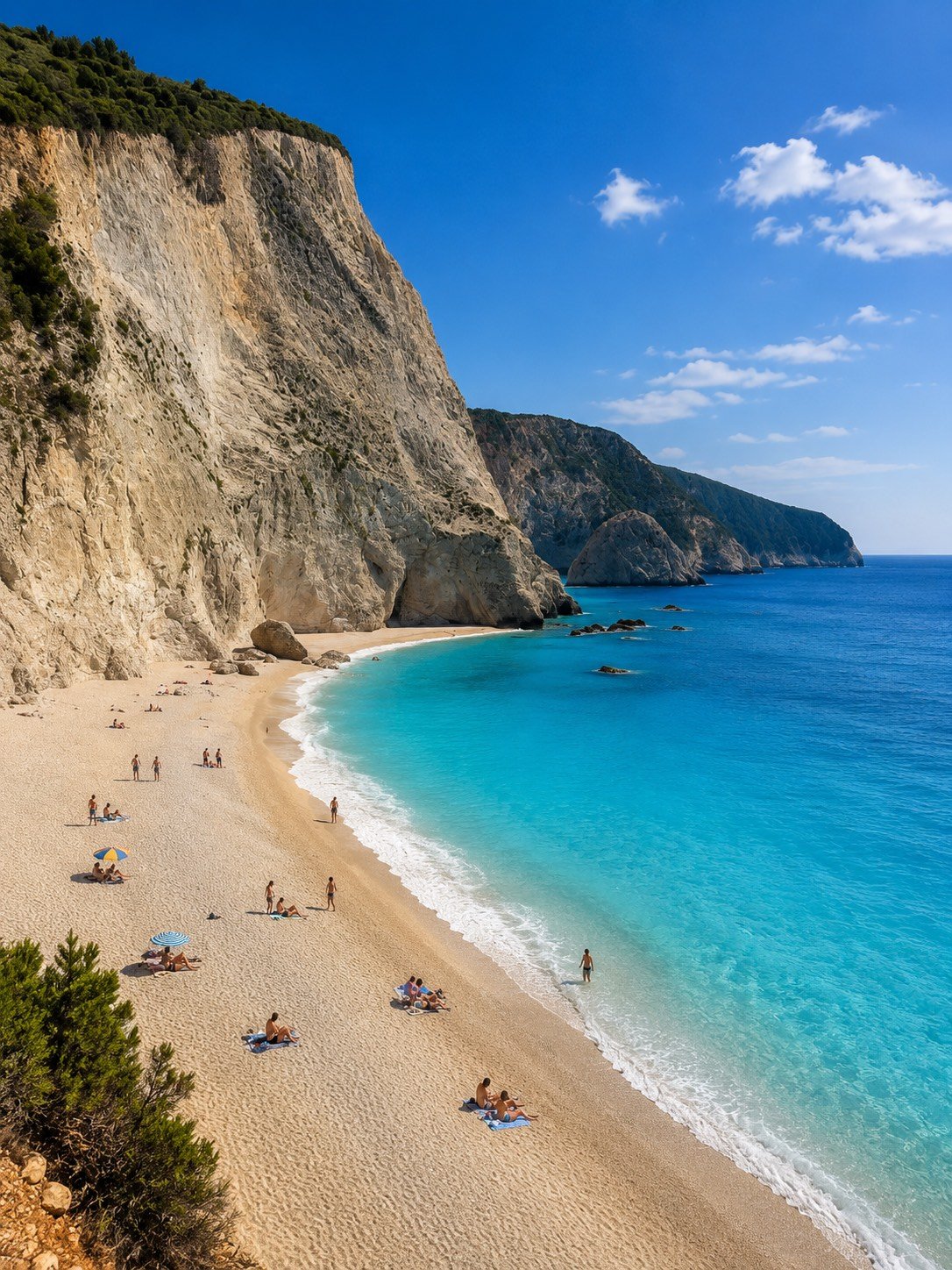 Families relaxing beside turquoise water beneath the cliffs of a Lefkada beach
