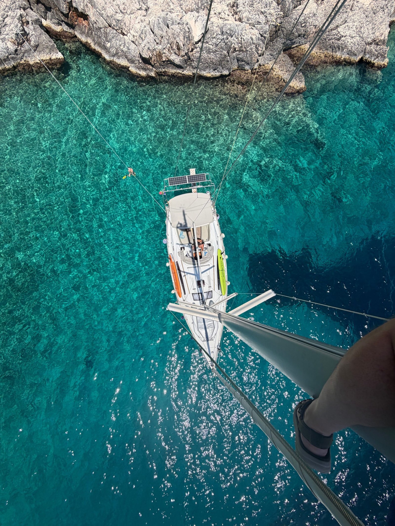 Sailing yacht anchored in clear turquoise water beside a rocky Ionian coastline