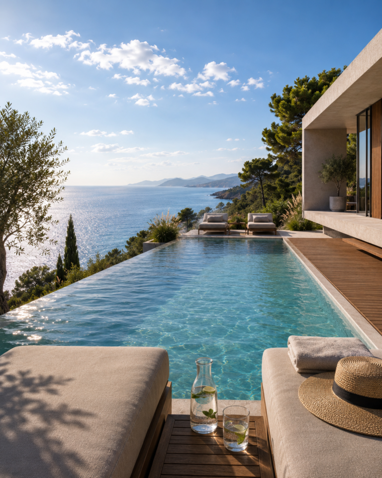Architectural visualization of a sea-view luxury villa with an infinity pool near Porto Katsiki