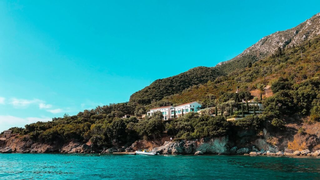 Sea-view building surrounded by green hills on the Lefkada coast