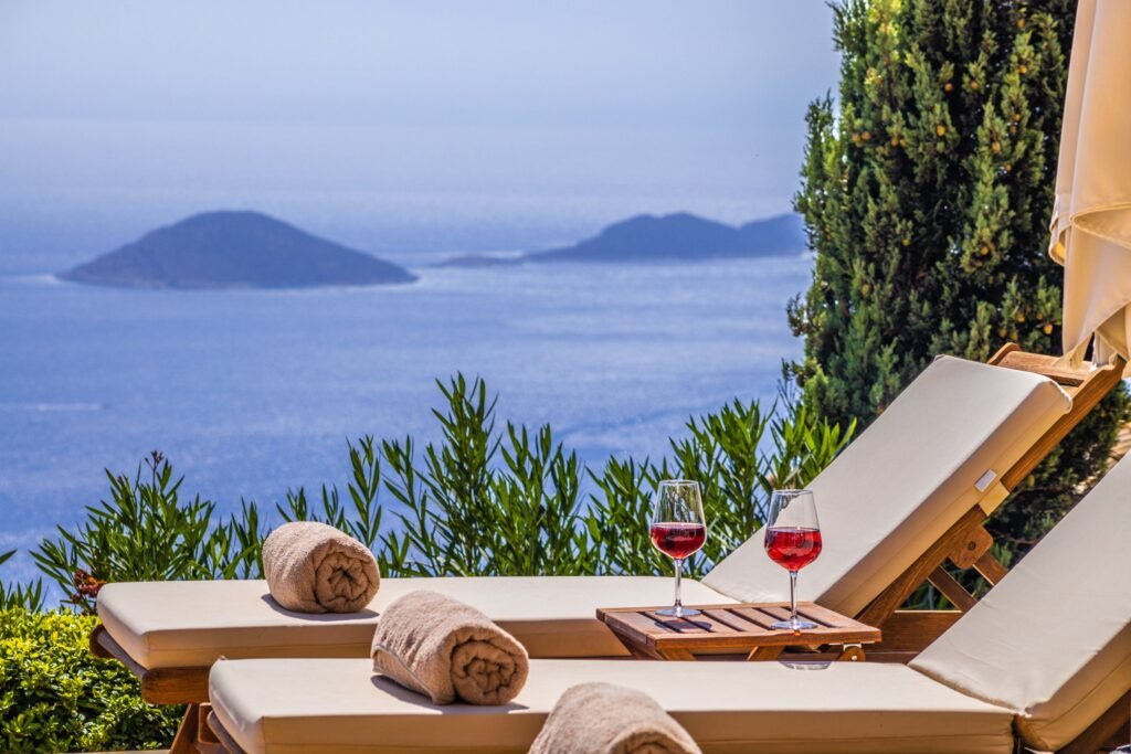 Sea-view sun loungers prepared for guests at a luxury villa in Lefkada