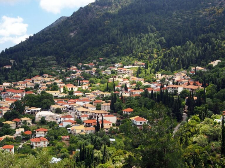 Karya village below the green slopes of inland Lefkada